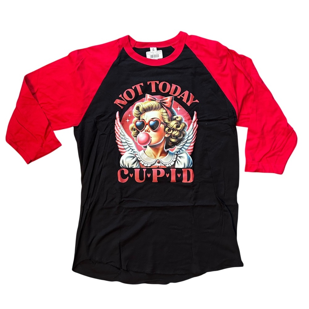 GRAPHIC 3/4 SLEEVE TSHIRT RED‎ BLACK NOT TODAY CUPID VALENTINES DAY NWT